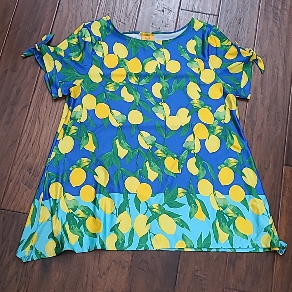 Ruby Rd Royal Blue Top with Bright Yellow Lemon Print Blouse size XL
